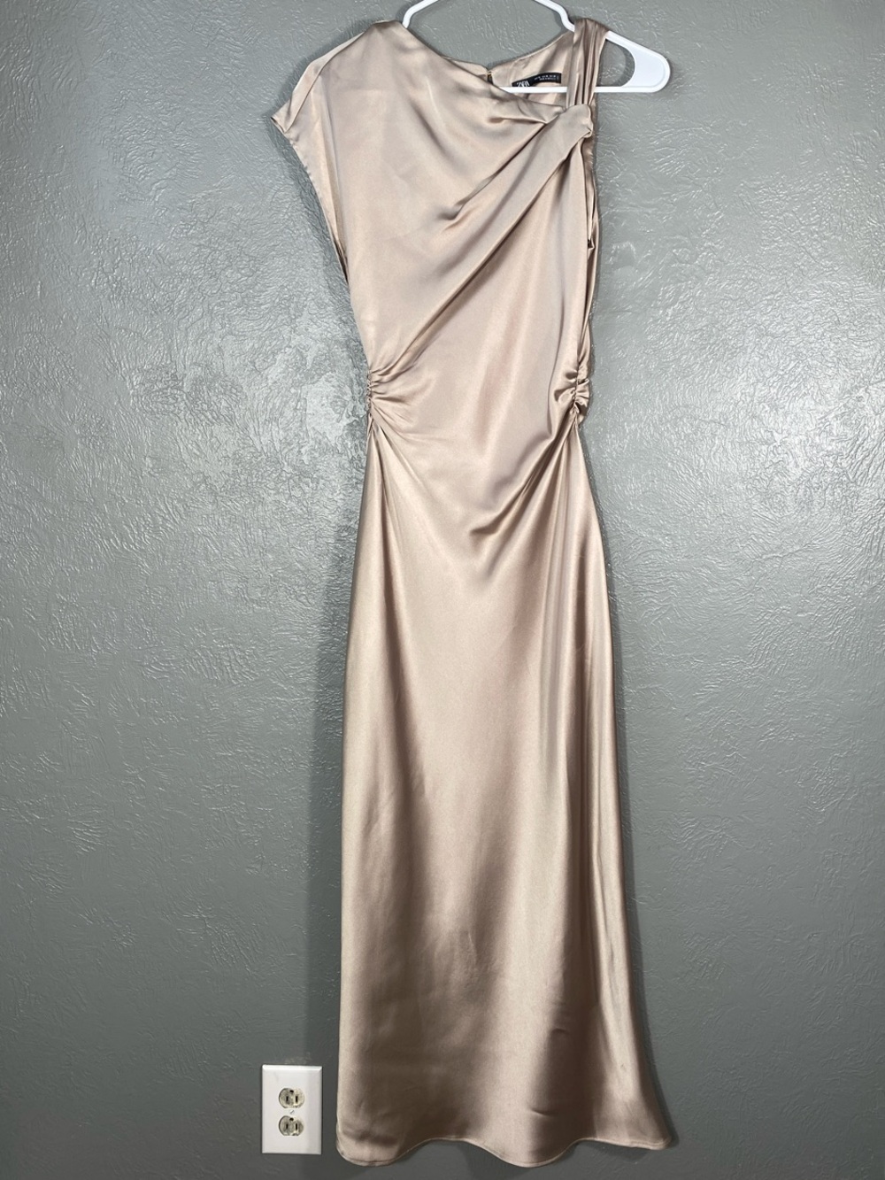 Zara Dress Womens XS Champagne Satin Draped Ruched Asymmetrical Maxi Gown